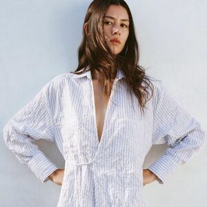 ZARA Wrinkle Effect Wrap Top Collared Striped Oversized Blouse Size XS